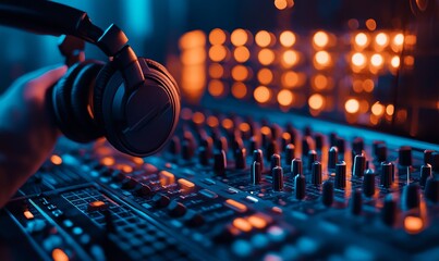 Anonymous music producer with headphones is tuning tracks on a professional mixing console in a studio, illuminated by ambient lights.