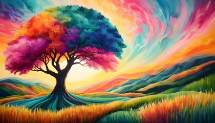 Wall Mural - Whimsical Tree Adorned with Vibrant, Colorful Blossoms