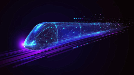 Poster - Digital Low Poly Wireframe of Futuristic High-Speed Train, Modern Technology and Transport Concept, Abstract 3D Blue and Purple Illustration with Connected Dots, Future Logistics Vector Graphic