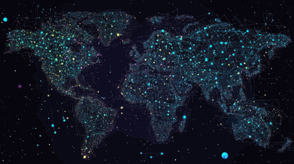 Poster - Abstract World Map in Starry Sky with Planets and Universe Elements Vector, Minimalist Wireframe Concept in SVG