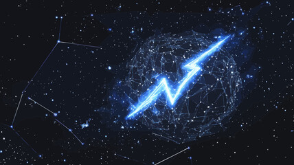 Poster - Futuristic Energy Lightning Burst in Starry Sky, Sci-Fi Universe Concept with Planet and Constellations, Minimalist Wireframe Vector