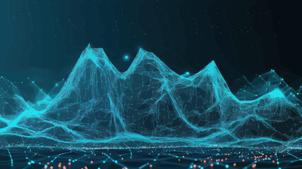 Poster - futuristic digital mountains landscape with glowing light dots, big data visualization in low poly w