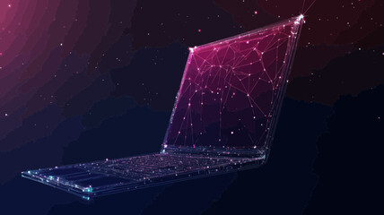 Poster - Low Poly Laptop in Starry Sky Style, Digital Technology Concept with Lines and Dots, Minimalist Vector Illustration for Internet and Devices Symbol