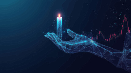 Poster - Abstract Low Poly Hand Holding Candlestick Chart, Financial Stock Market Growth and Investment Protection Concept, 3D Technological Vector Illustration with Graph on Blue Background