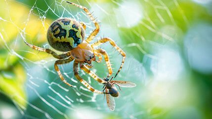 Spider capturing insect on its web, intricate details of spider's legs, vibrant green background, nature interaction concept