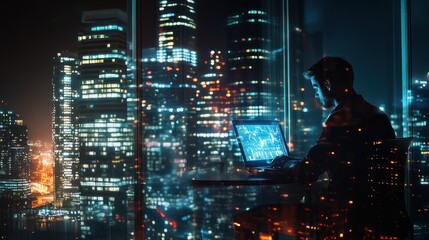 Poster - Night City View with Man Working on Laptop