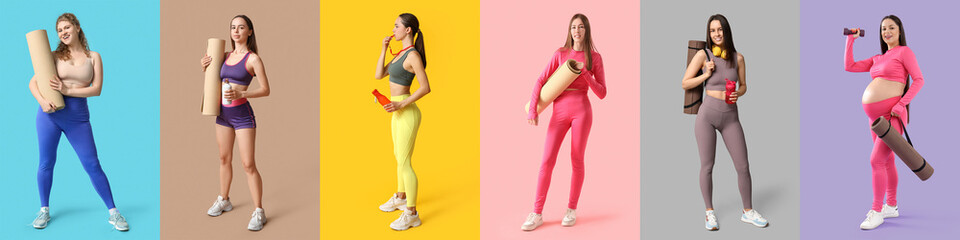 Poster - Set of sporty women with yoga mats on color background