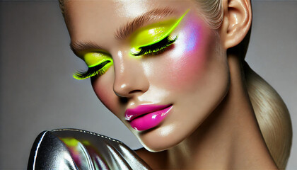 Closeup face of woman with lime green eye shade and pink lipstick 