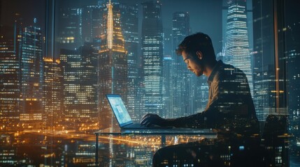 Poster - Man Working on Laptop with Night City View