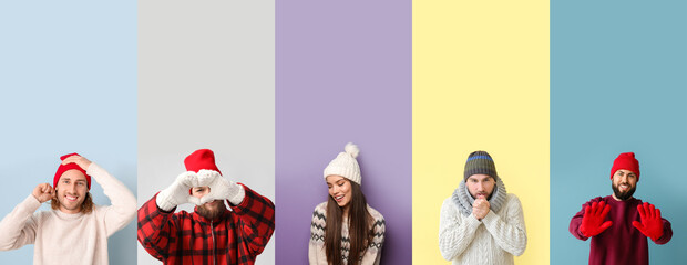 Canvas Print - Set of young people in winter clothes on color background