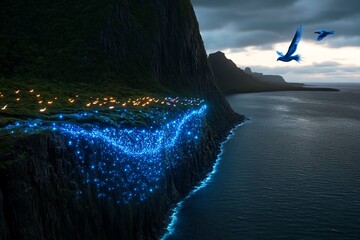 Poster - A fantastical seaside cliff, where waves glow with mystical light and enchanted birds soar over the ocean, blending natural beauty with fantasy.