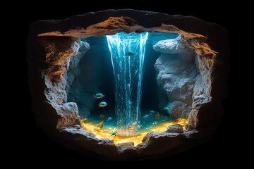a fantastical waterfall that pours into a glowing ocean, with enchanted creatures swimming beneath t