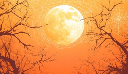 Wall Mural - halloween background with spider webs and full moon holiday-themed light orange background web art g