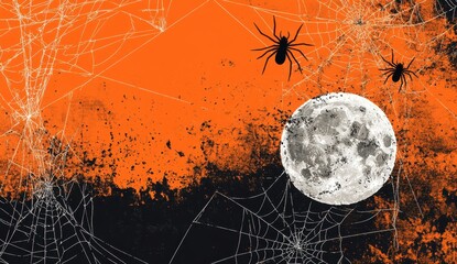 Wall Mural - halloween background with spider webs and full moon halloween concept template design with copy spac