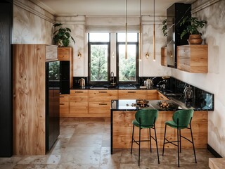 Modern kitchen style concept with a dinner table..