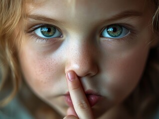 A close-up of a child with captivating green eyes and finger on lips gestures silence, emphasizing innocence and curiosity, beautifully capturing youthful expressions.