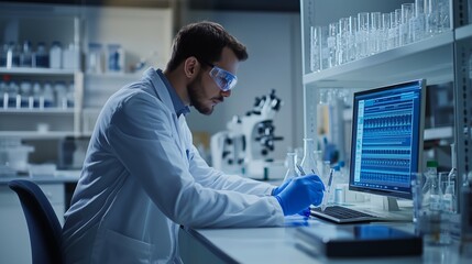 Poster - scientist conducting research in a laboratory with computer data analysis at a research facility in 