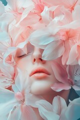 Wall Mural - Surreal portrait of a woman with delicate pink flowers covering her face