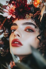 Poster - Close up portrait of a woman wearing a flower crown and red lipstick