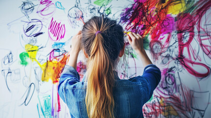 Wall Mural - A graphic designer brainstorming on a whiteboard filled with colorful sketches