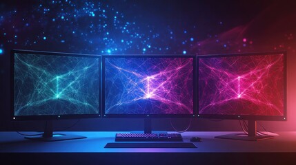 Poster - Triple Monitor Setup with Colorful Abstract Patterns