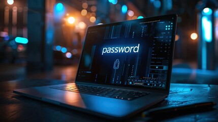 Poster - Text password on a laptop notebook computer display screen digital technology lock, privacy network cyber protection
