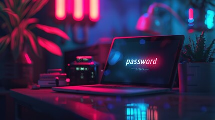 Poster - Text password on a laptop notebook computer display screen digital technology lock, privacy network cyber protection