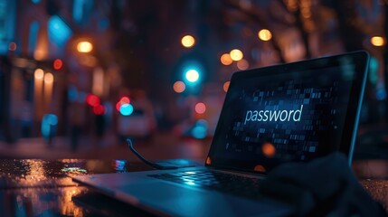 Poster - Text password on a laptop notebook computer display screen digital technology lock, privacy network cyber protection