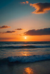  Sunset over Ocean Waves at Golden Hour, Serene Seascape with Orange Sky and Blue Water, Beautiful Beach Horizon with Calm Waves Reflecting the Sunlight