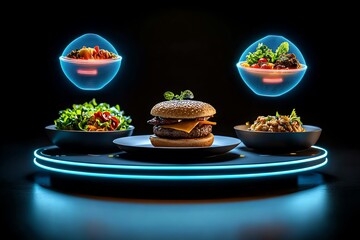 Poster - A futuristic blood type diet plan displayed on a high-tech board, with holographic foods tailored for each blood type floating above the plate.