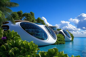 Poster - A futuristic city floating on the ocean, where nature and technology coexist, with advanced buildings surrounded by natural ocean waters.