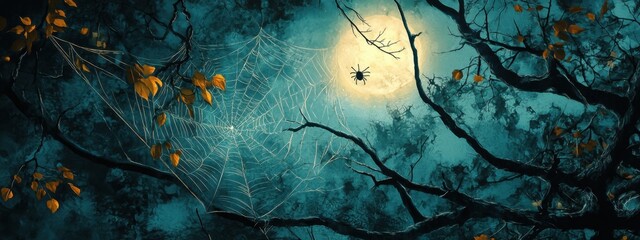 Wall Mural - halloween background with spider webs and glowing lights moonlit night, light blue color scheme, dar