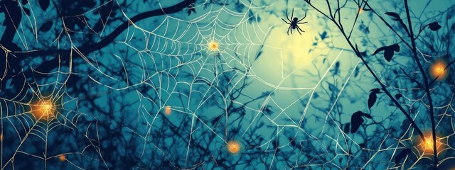 Wall Mural - halloween background with spider webs and glowing lights moonlit night, light blue color scheme, dar