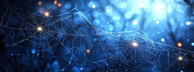 Wall Mural - dark blue background with spider webs and glitter, fantasy-style illustration, halloween, night sky,