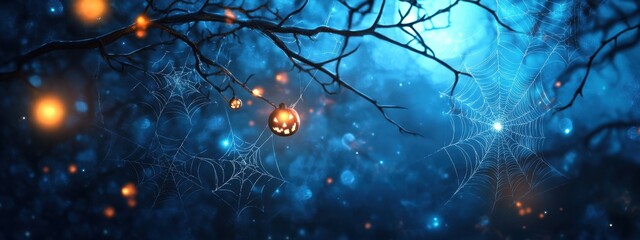 Wall Mural - halloween background with spider webs and glowing lights, fantasy style generative ai
