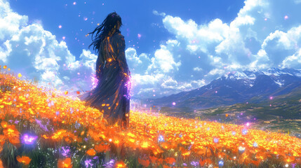 Canvas Print - A woman in a black coat stands in a field of orange flowers, looking out at a mountain range in the distance.