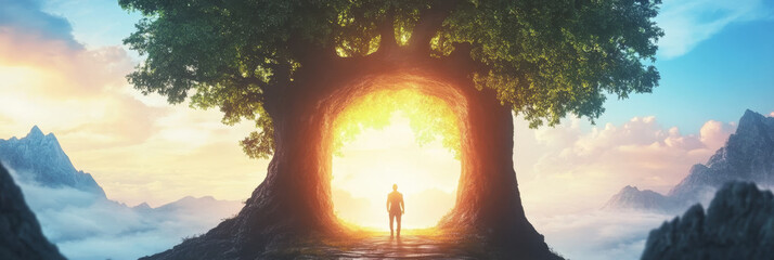 Poster - Man walks towards a glowing portal in the middle of a tree trunk.