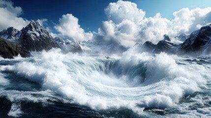 A massive and dramatic whirlpool forms at sea, creating a breathtaking yet perilous phenomenon, surrounded by rugged, snow-capped mountain peaks and turbulent waters.