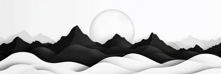 Sticker - Simple black and white paper art of mountains.