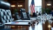© Lens Legacy - An elegant conference room with leather chairs and official documents on the table, accompanied by a distant American flag, suggesting diplomacy in progress.