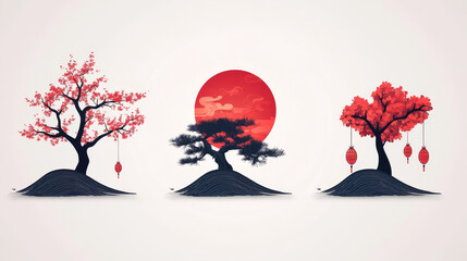 Canvas Print - Three stylized trees with red lanterns hanging from their branches.