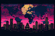 © Dipsky - A vibrant pixel art depiction showcases a world map against a darkening skyline, blending hues of pink and blue, creating a surreal atmosphere as day transitions to night.