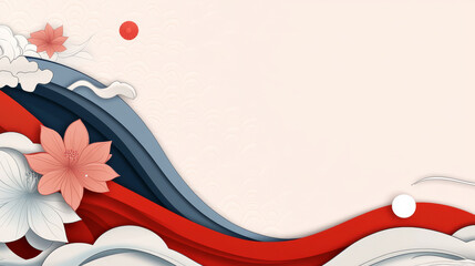 Sticker - Abstract paper cut background with red and blue waves and flowers.