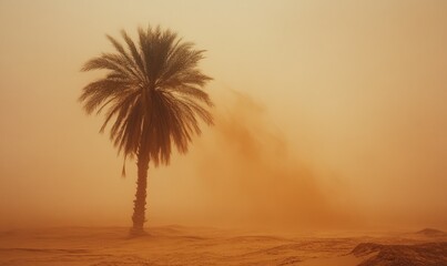 Wall Mural - View of a palm tree during a Sahara sandstorm