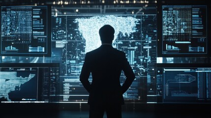 Poster - man looking at screens with digital data
