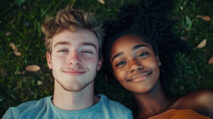 Close up: young white guy and black girl lying on the grass with their heads facing each other, they are looking up, they are smiling and happy. An atmosphere of happiness and love