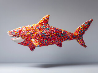 Wall Mural - A colorful shark made of candy is floating in the air. The shark is made of various candies.