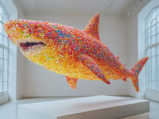 Poster - A colorful shark made of candy is floating in the air. The shark is made of various candies.