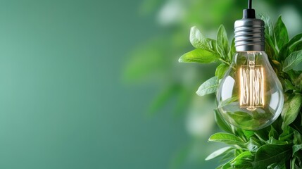 A light bulb suspended among vibrant green leaves outside symbolizes the connection between sustainable energy and the natural world, radiating creativity and efficiency.