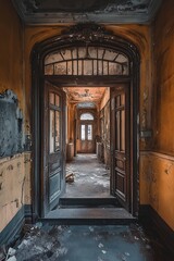 Canvas Print - Open Doorway to Abandoned Mansion Hallway